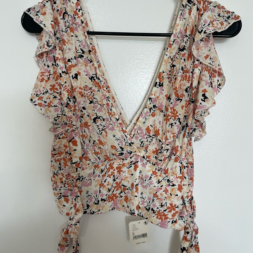 Free People Cream Wrap Blouse with Ruffled Sleeves